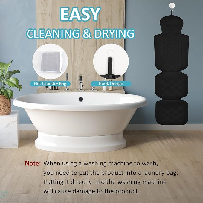 Luxury Full Body Bath Pillow for Bathtub, Bath Pillows for Tub with Mesh Laundry Bag & Non-Slip Suction Cups, Cushion for Bathtub Headrest Neck Back Support - 5D Air Mesh & Quick Drying | Black