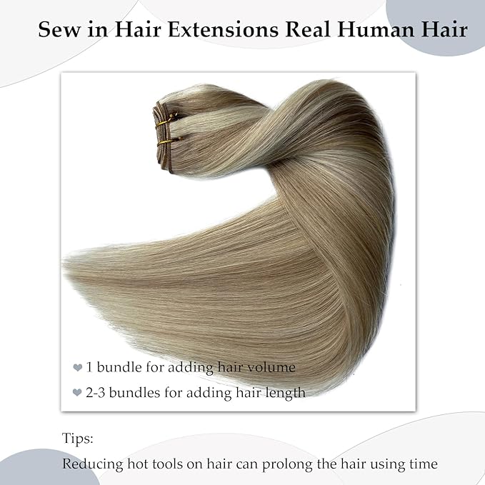 Balayage Sew in Hair Extensions Real Human Hair 22 Inch Hand Tied Weft Hair Extensions Human Hair Wefts 120G Ash Blonde Balayage Blonde Hair Extensions Real Human Hair Weave Bundles Weft Extensions