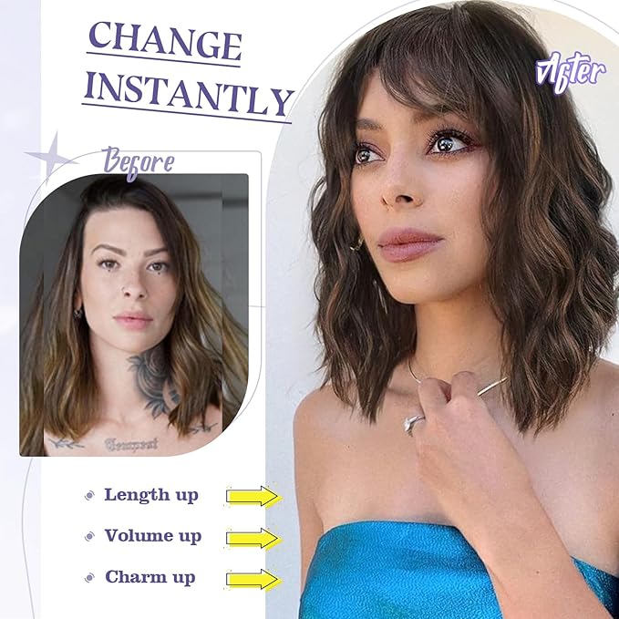 10 Inch Short Clip in Hair Extensions 5Pcs Dark Brown Mix Caramel Blonde Curly Synthetic Hair Pieces Soft Thick Clip in Bob Hair Extensions for Women