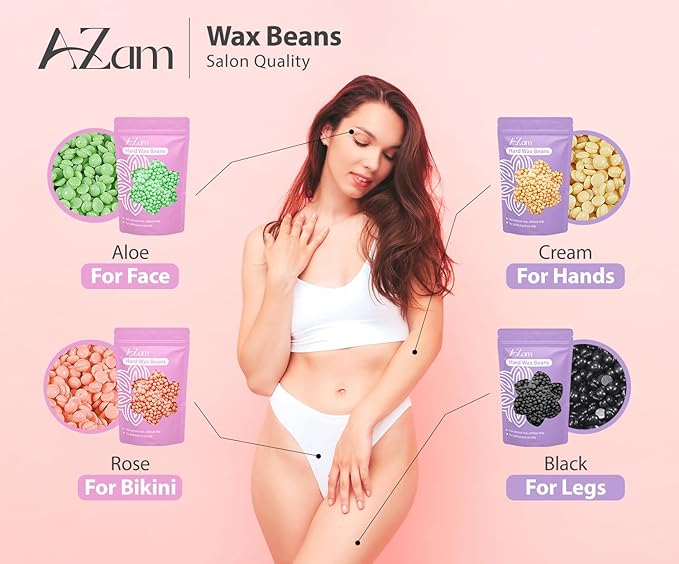 AZAM All-in-one At Home Waxing Kit for Hair removal,Wax pot Waxing Professiona+4 Pack Hard Beads+Silicone Bowl 2 Treatment Oils Wax Kit Accessories Warmer for Full Body