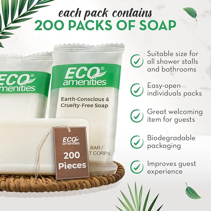 ECO amenities Bar Soap Bulk - 200 Pack, 0.5 oz Travel Size Soap Bars - Individually Wrapped For Hotels - Great for Vacation Rental and Airbnb Toiletries or Hygiene Kits Supplies