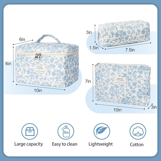 Quilted Makeup Bag,Large Cosmetics Bag Set,Coquette Floral Make up Pouch,Travel Toiletry Bag for Women