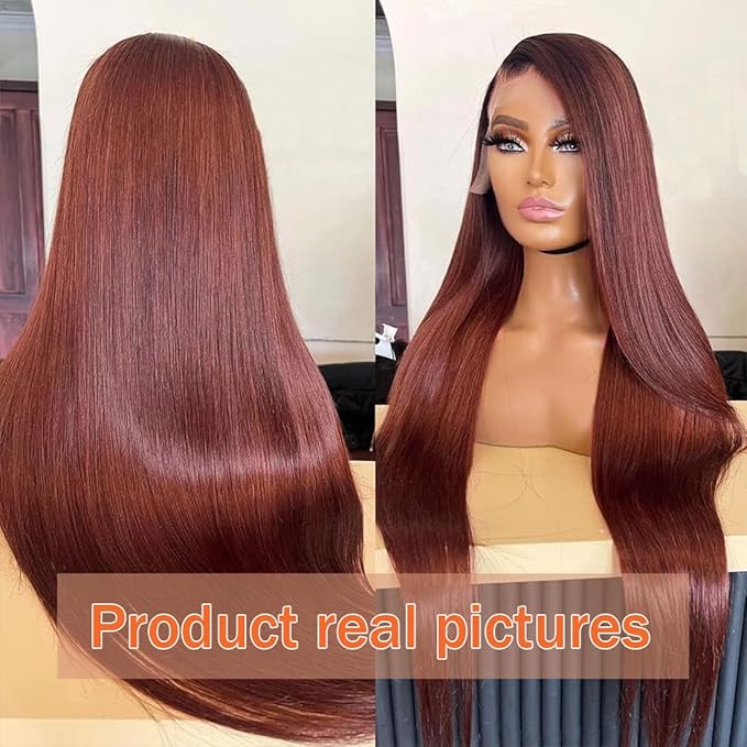 13x4 HD Lace Front Wigs Human Hair Reddish Brown Brazilian Unprocessed Straight Human Hair Lace Frontal Wig with Baby Hair Auburn Copper Colored Glueless Wigs for Women (Reddish Brown,26 Inch)