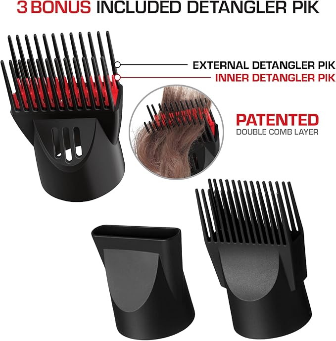 RED by KISS 2000 Ceramic Hair Dryer, Professional Salon Blow Dryer 3 Attachments Included, 2 Detangler Piks, 1 Air Concentrator (Yellow)