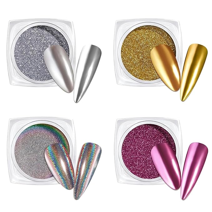 Beetles Chrome Nail Art Glitter 4 Colors 0.5g/Jar, 4 Jars 3 Colors Gold Silver Pink Metallic Mirror Effect Pigment & 1 Holographic Chrome Powder Diy Nail Art Manicure Gifts for Women Girls