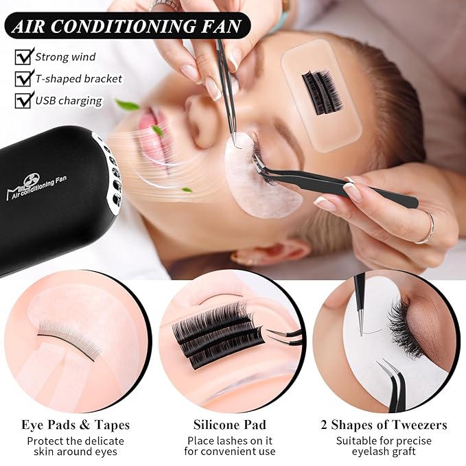 Eyelash Kit for Lash Extension, Lash Tech Supplies with Mannequin Practice Head, Lash Cluster, Lash Extension Glue, Eyelash Remover, Fan, Tweezers, Lash Training Tools Set for Beginners at Home
