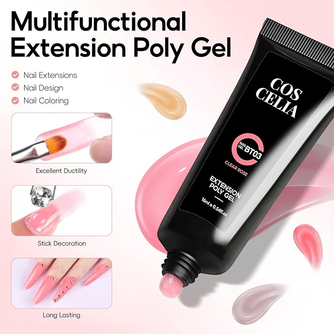 COSCELIA 41pc Poly Nail Gel Kit Starter Kit16ML 12 Colors Nail Extension Gel Kit with Lamp Light for Beginners with Everything Nail Thickening Solutions Gifts for Women