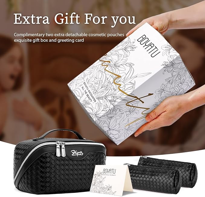 BOYATU Travel Makeup Bags for Women: 3 Pcs Large Make up Bags Set - Vegan Leather Cosmetic Bag for Traveling - Waterproof Toiletry Organizer (L02 Black)