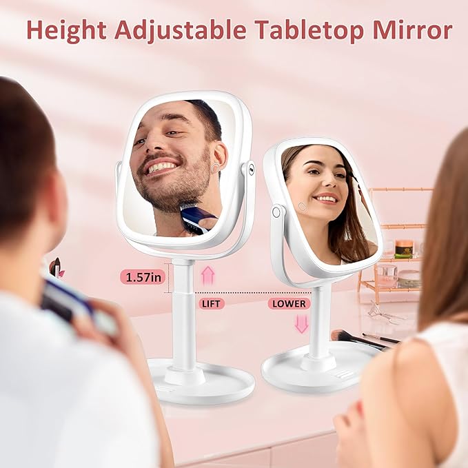 Lighted Makeup Mirror, Height Adjustable 1x/7x Magnifying Vanity Mirror, 2600mAh Rechargeable Makeup Mirror with Lights 3 Color, Double Sided 360° Rotation Desk Travel Mirror, Gifts for Women