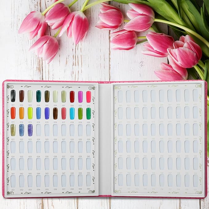 120 Colors Nail Swatches Book with 240 Nail Tips and Number Labels Leather Nail Gel Polish Display Book Nail Painting Practice Design Board No Need Pasting, No Need Glue