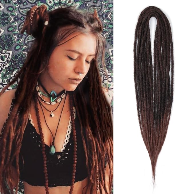 24 In Double Ended Dreadlock Extensions, Ombre Auburn 10 Strands Thin 0.6cm Width Synthetic DE Dreads Extensions, 100% Handmade Dreads Hippie Style Dreadlocks for Woman