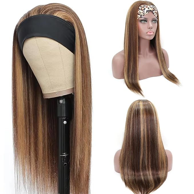Aiterina Straight Headband Wig Human Hair 4/27 Highlight Headband Wigs for Black Women Machine Made Human Hair Wig 150% Density 4/27 Highlight Wig 16 Inch