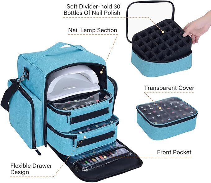Nail Polish Organizer Case Holds 60 Bottles Portable Travel Storage Box with 2 Detachable Bags, Designed for Women's Nail Tools, Essential Oils and Cosmetics Sets Lake Green
