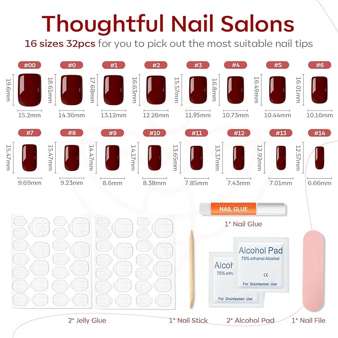 Modelones Press on Nails, Dark Red Short Square Fake Nails, Reusable Nail Kit with Nail Glue Adhesive Tabs Mini Nail File, Nails Press Ons 32Pcs16 Sizes, Women Girl Gift