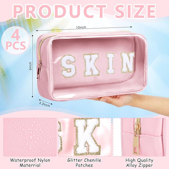 Pinkunn 4 Pcs Preppy Makeup Bags Christmas Chenille Letter Bag Face Skin Hair Stuff Cosmetic Bag Corduroy Makeup Pouch with Zipper Birthday Gifts for Women(Pink)