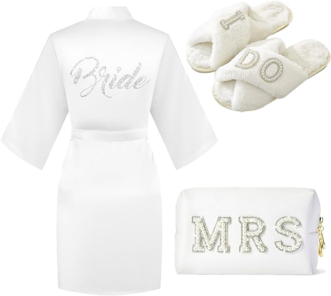 Bride To Be Gift Set - Makeup Bag, Slippers, Robe, Hair Clip - Wedding Gifts