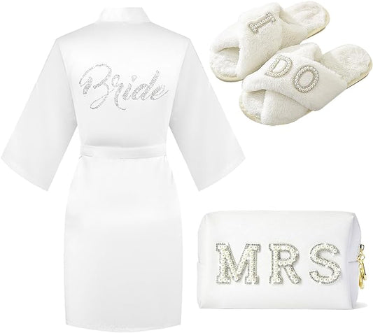 Bride To Be Gift Set - Makeup Bag, Slippers, Robe, Hair Clip - Wedding Gifts
