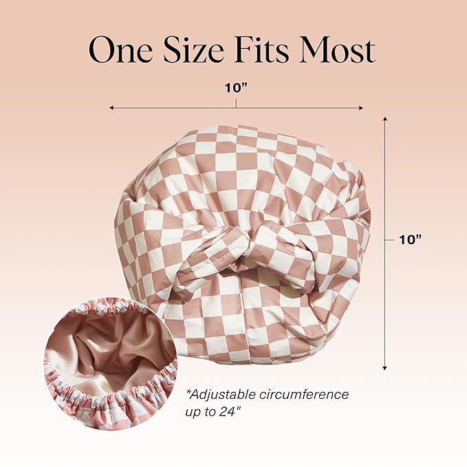 Kitsch Luxury Shower Caps for Women Reusable Waterproof - Flexi Satin Lined, Large Shower Cap for Men, Non-slip, Quick-dry, Adjustable, Stylish Hair Cap for Long & Short Hair - Terracotta Checker