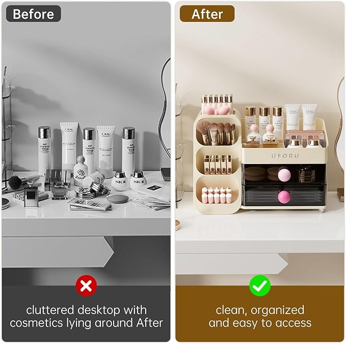 Makeup Organizer for Vanity, Countertop Organizer With Drawers, Spacious Cosmetic Display Case for Beauty Essential, Skincare, Lipstick, Cream White&Pink