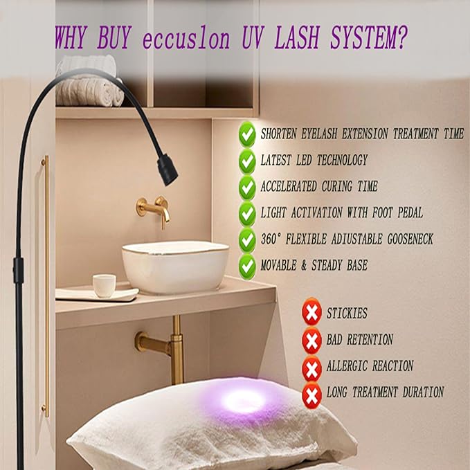 12W UV Lash Light with Foot Pedal, Rapid Dry in 2 Seconds Lash Lamp for Eyelash Extension Grafting Eyebrow Beauty Salon, Adjustable Angle and Light Spot Size, Lash Lamp for Eyelash Tech (White)