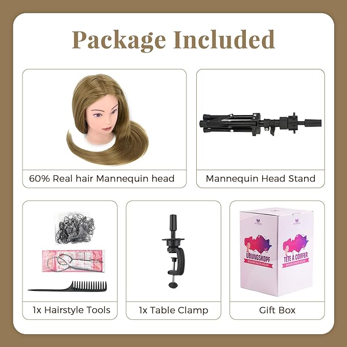 28 Inch Mannequin Head 60% Human Hair with Tripod Stand,Mannequin Cosmetology Manikin Practice Doll Head with stand,Braiding Hairdressing Head for Hair Styling with Table Clamp + DIY Hair Styling Set