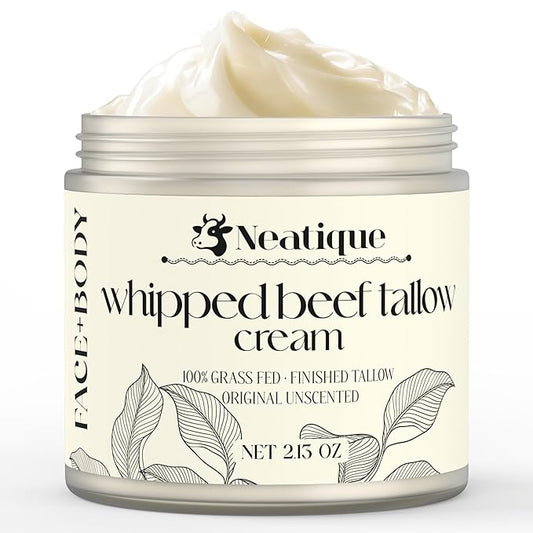100% Grass Fed Beef Tallow for Skin Care by Neatique | Face & Body | Whipped Moisturizer for Skin | with Organic Beeswax & Organic Honey Balm | All Natural Formula, 2.13oz (Unscented)