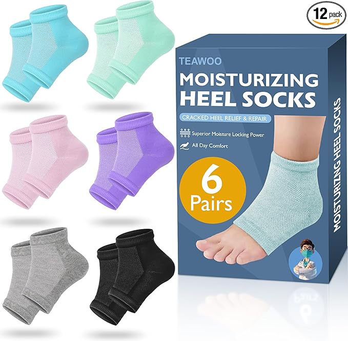 Moisturizing Heel Socks - 6 Pairs for Dry Cracked Feet, Toeless Gel Socks for Hydration and Repair