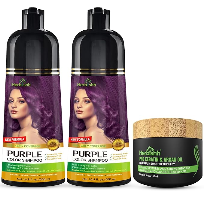 Combo Pack - Herbishh Purple Dye Shampoo for Gray Hair + Argan Intense Hair Mask - Long-lasting Color - Stimulates Dry, Frizzy Hair - 500 Ml