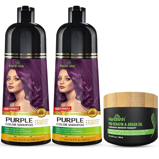 Combo Pack - Herbishh Purple Dye Shampoo for Gray Hair + Argan Intense Hair Mask - Long-lasting Color - Stimulates Dry, Frizzy Hair - 500 Ml