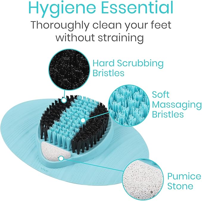 Vive Foot Scrubber for Use in The Shower - Feet Cleaner for Dead Skin with Pumice Stone - Massager and Brush Exfoliating - Callus Remover, Improve Circulation and Relieves Pain - Nonslip Suction Cups