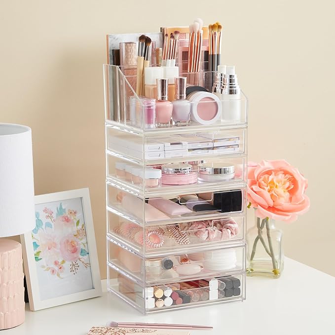 STORi Chloe Clear Plastic Stackable Makeup Brush Holder, Rectangular 6-Compartment Organizer for Brushes, Cosmetics & Beauty Supplies, Made in USA