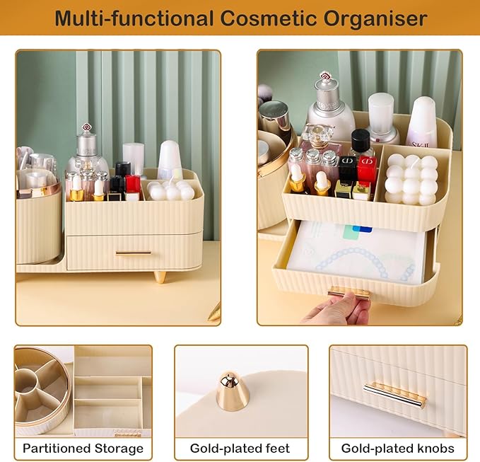 Rotating Makeup Organizer for Vanity with Brush Holder and Drawer, Cosmetic Makeup Storage, Large Spinning Makeup Skincare Organizer, Countertop Makeup Perfume Organizer, Lotions Display Case (Ivory)