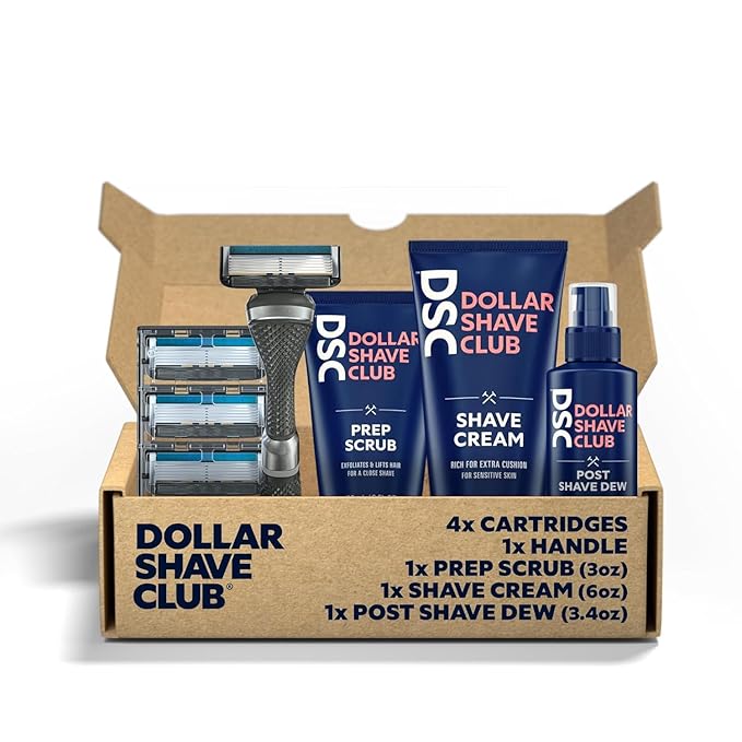 Dollar Shave Club | Ultimate Shave Set | 4 Extra Close Refill Cartridges, 1 Handle, 1 Prep Scrub 3 ounce, 1 Shave Cream 6 ounce, 1 Post Shave Dew 3.4 ounce