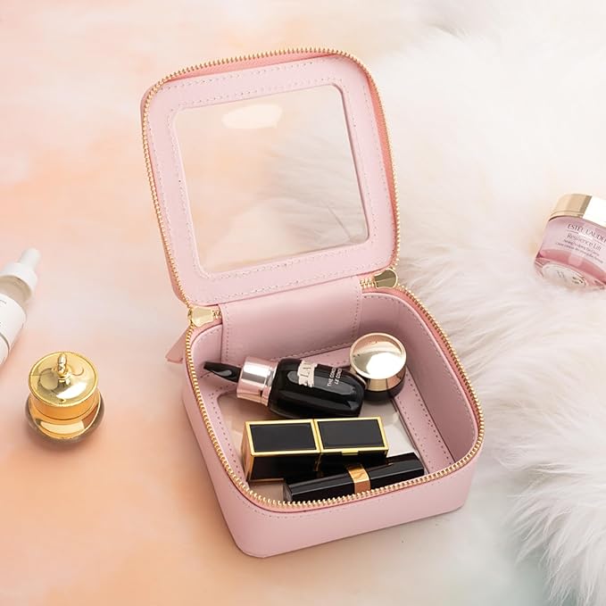 Aveniee Clear Makeup Bag Small, Mini Cosmetic Bags Travel Toiletry Bag, TSA Approved Clear Makeup Case Pouch with Zipper, Car Organizer Essentials for Women Men(Pink)