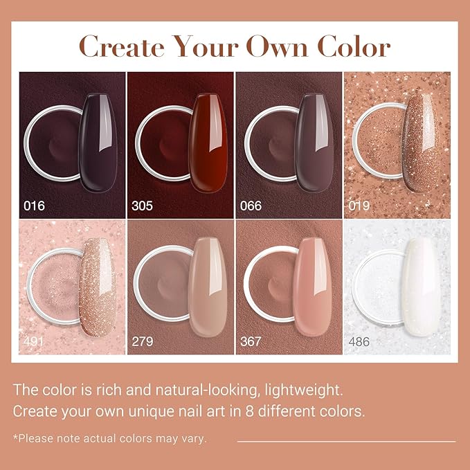 AZUREBEAUTY Dip Nails Powder Starter Kit 8 Colors with Nail Sticks, Nude Brown Giltter Shimmer Set, Nail Art Base Glossy Matte Top Coat Activator Essential Liquid Manicure DIY Salon 30 PCS