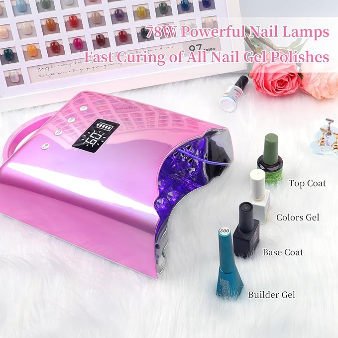 Professional UV LED Nail Lamp, Cordless Rechargeable UV Light for Gel Nails, 78W Fast Curing Gel Nail Light with 4 Timer Setting LCD Display, Auto Sensor and Spacious Interior(Metallic Pink)