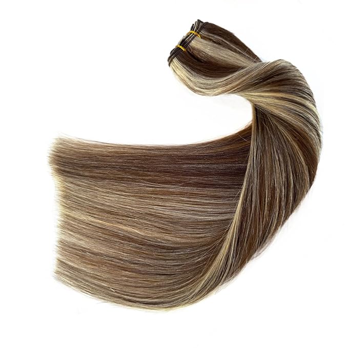 Ubetta Real Human Hair Extensions, 14Inch 80G Weft, Chocolate Brown Balayage Blonde Highlights, Hand Tied Weft Hair Weave Bundles