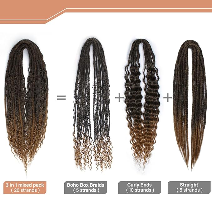 24 Inch Double Ended Dreadlock Extensions Sets, 20 Strands 3 In 1 Mixed Synthetic Dreads Extensions, Ombre Brown Straight&Curly&Boho Handmade Dreads Hippie Style Dreadlocks for Woman