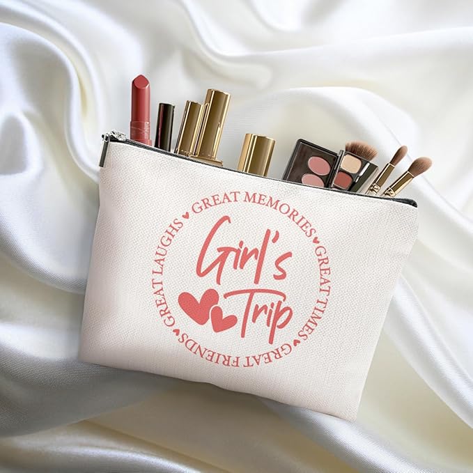 4PCs Girls Trip Gifts Favors, 2025 Girls Weekend Gifts Funny Makeup Bag, Bestie Gifts Weekend Bag Summer Vacation Cosmetic Bag, Friendship Gifts for Women Friend, Graduation Wedding Gifts Toiletry Bag