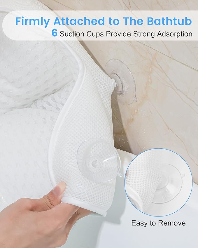 Bath Pillow, Bath Pillows for Tub Neck and Back Support, Soft 4D Air Mesh Bathtub Pillow 16.5 x 17.3 INCH, with 6 Powerful Suction Cups, Bath Accessories Relaxing Gifts for Women (White)
