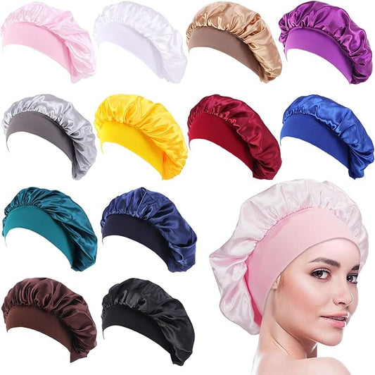 Tergy 12pcs Satin Bonnet Caps for Women Solid Color Hair Bonnets for Sleeping Elastic Band Bonnet Hats for Black Women Hair Care