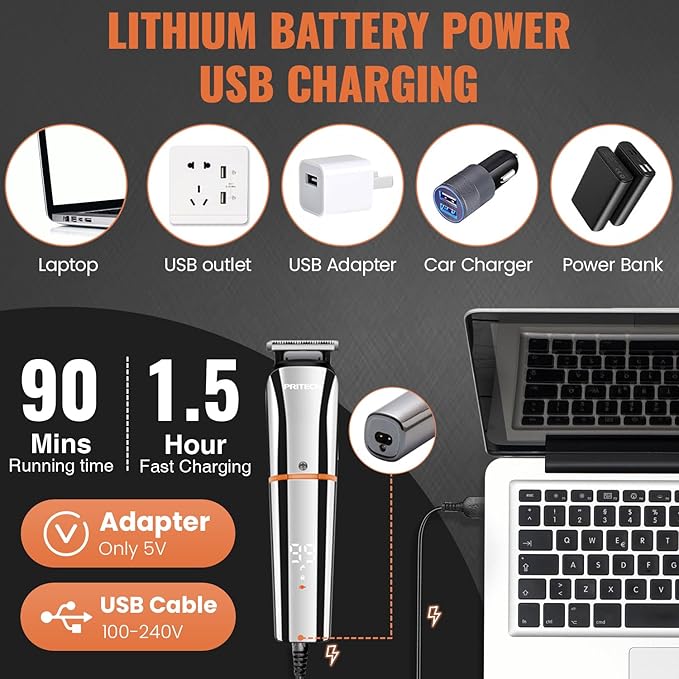 PRITECH Beard Trimmer for Men,6 in 1 Hair Clippers Kit, Precision Cordless Grooming Kit Waterproof IPX6 for Beard, Hair, Body, Nose, Ear, with Foil Razor (Silver)