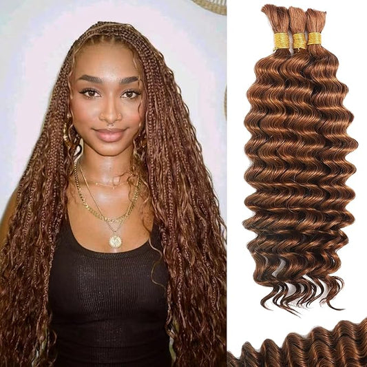 Human Braiding Hair For Boho Braids Deep Water Wave Human Bulk Hair for Braiding 12A Brazilian Virgin Human Hair Extensions for Boho Braids 3 Bundles/Pack 110g Auburn Ginger 20inch