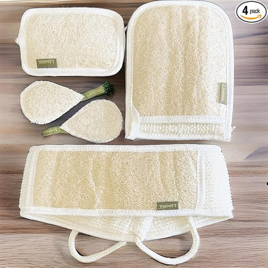 4 PCS - Lamina Natural-Organic, Loofah Sponge, Body Scrubber, Shower Beth Loofah (Back Long, Double Sided Mitt, Mini Mitt and Face loofah)