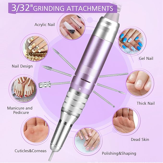 35000RPM Portable Nail Drill Machine, HoMove Professional Nail Drill Machine, Rechargeable Electric Efile Nail Drills for Acrylic Gel Nails, Cordless Portable Nails Drill【Purple】