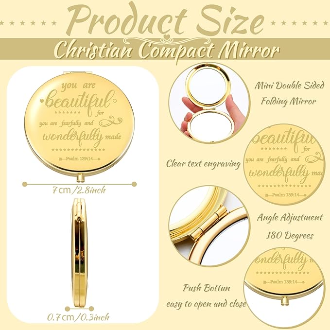 Thyle 12 Pcs Christian Compact Mirror Gifts for Women Bible Verse Bulk Hand Makeup Compact Purse Mirror Inspirational Religious Baptism Gift for Teacher Mother's Day Women Nurse(Gold)