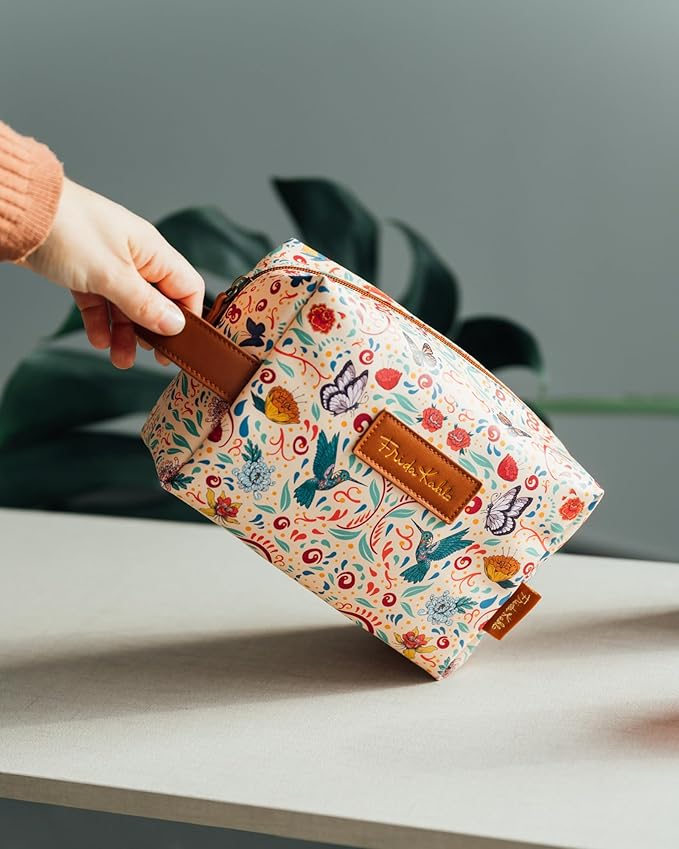 Grupo Erik Frida Kahlo Cosmetic Case | Flower Hanging Toiletry Bag, Waterproof PU Case, Travel Makeup Bag, Travel Toiletry Bag, Frida Kahlo Bag