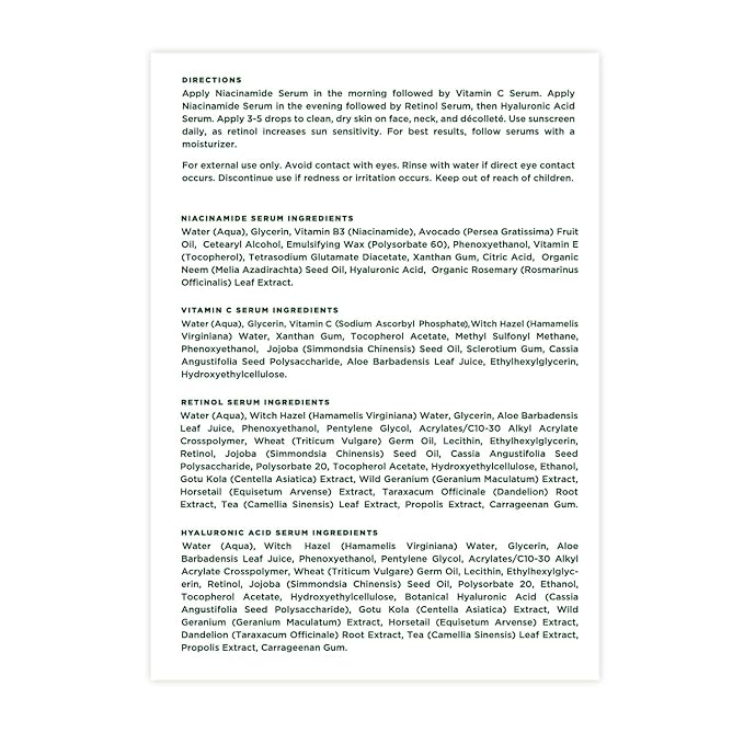 Tree of Life Beauty Facial Skin Care Set, Brightening, Firming, Hydrating, Dry Face, Dermatologist Tested - Niacinamide + Vitamin C + Retinol + Hyaluronic Acid Serum - 4 count of 1 Fl Oz