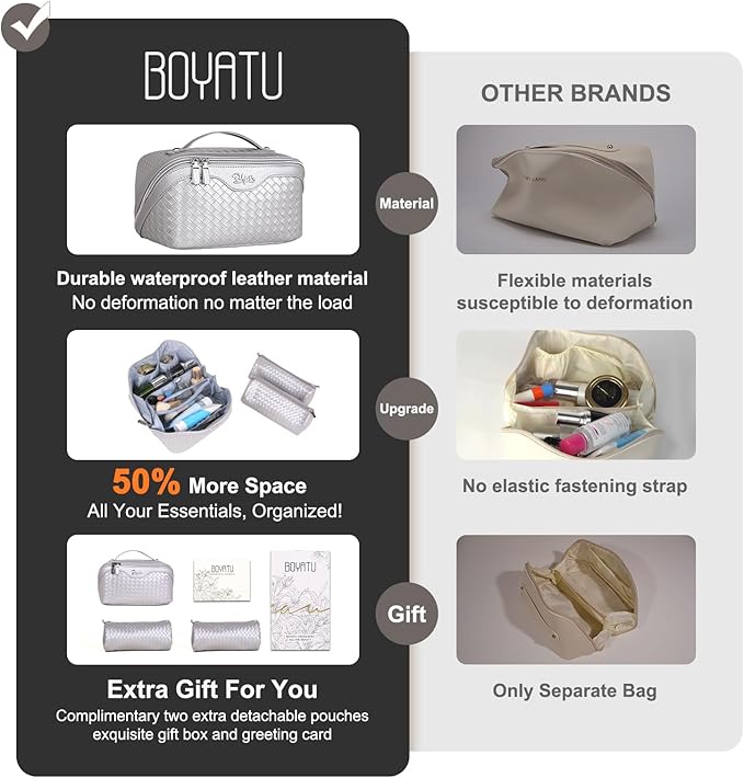 BOYATU Travel Makeup Bags for Women: Large Capacity Cosmetic Bag with Comapartments - Vegan Leather Make up Bag Set of 3 - Protable Makeup Organizer with Handle & Divider (L21 Silver)