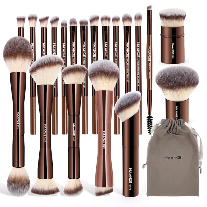 MAANGE 20 PCS Foundation Makeup Brush Set, Double-ended Kabuki Contour Brush for Liquid Powder Concealer Blending Blush Face Makeup Tools (Coffee)